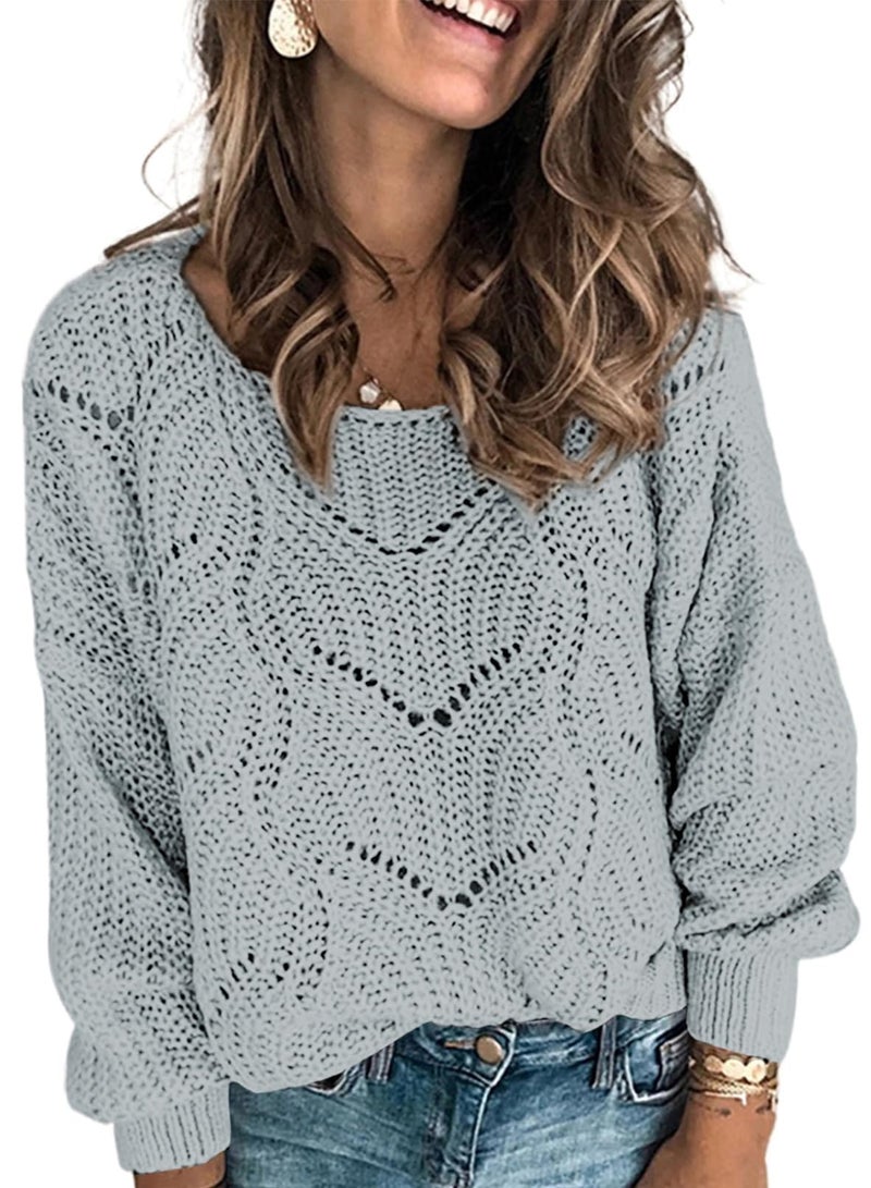 Dokotoo Womens Winter Fall Crew Neck Sweaters for Women Long Sleeve Solid Hollow Out Autumn Winter Fall Basic Casual Loose Chunky Knit Pullover Sweaters for Women Jumper Tops Grey Large - Image 1